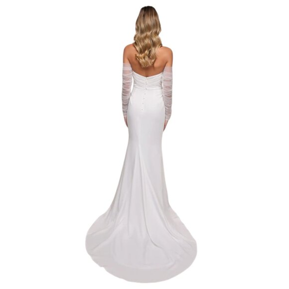 Lulus Sheer Sleeve Off the Shoulder Wedding Dress NWT Size XS - Picture 2 of 10